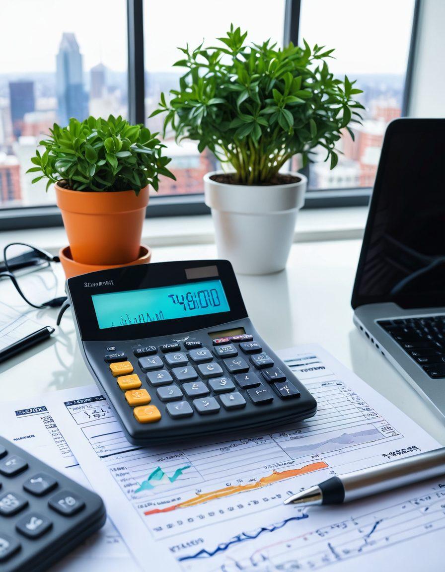 A serene desk scene featuring a calculator, loan documents, and a laptop displaying graphs and credit scores, beside a potted plant symbolizing growth. In the background, a soft focus of a city skyline representing financial opportunities. The overall atmosphere is calm and focused, embodying financial mastery and clarity. super-realistic. vibrant colors. white background.