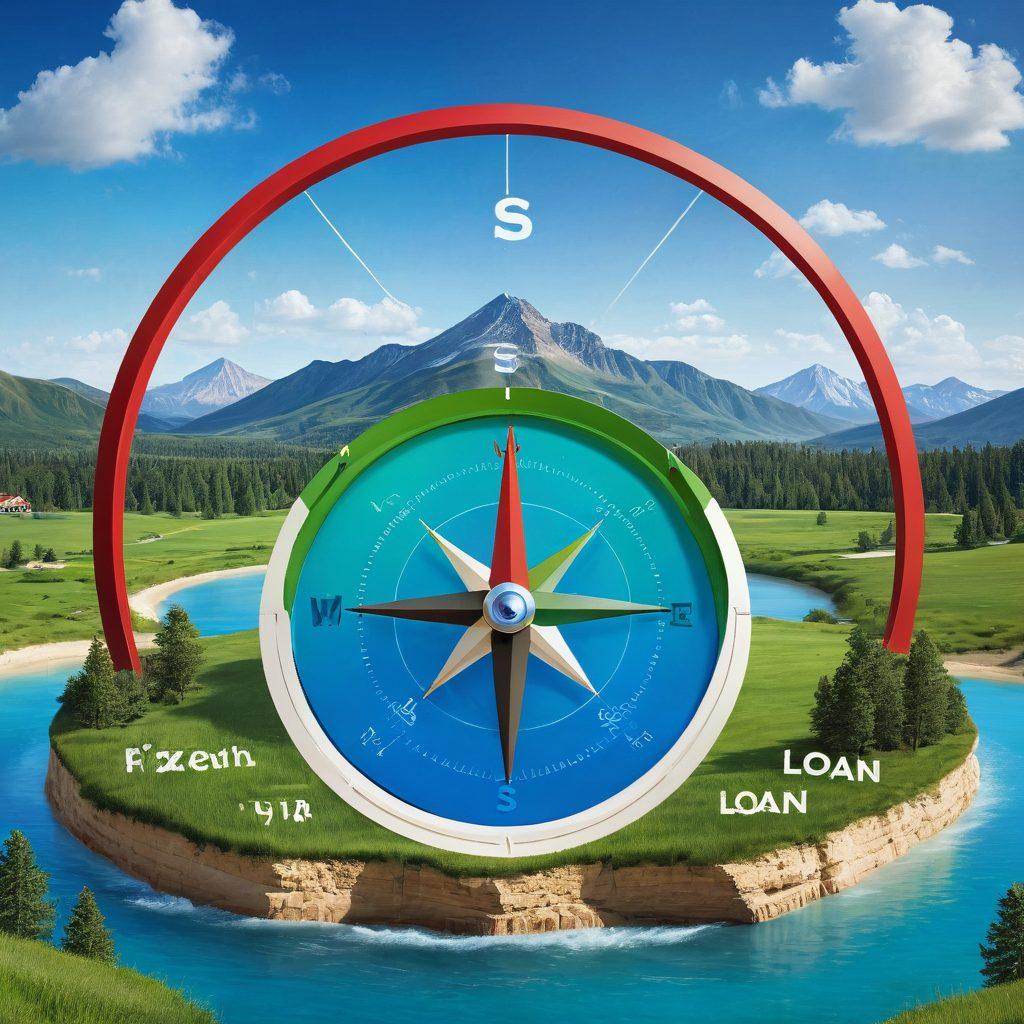 A compass pointing towards a bright financial future, surrounded by floating credit score graphs and personal loan options, against a backdrop of a serene landscape symbolizing stability. Incorporate elements like a diverse group of happy individuals discussing financial tips, with dollar signs subtly integrated into the design. super-realistic. vibrant colors. clear blue sky.