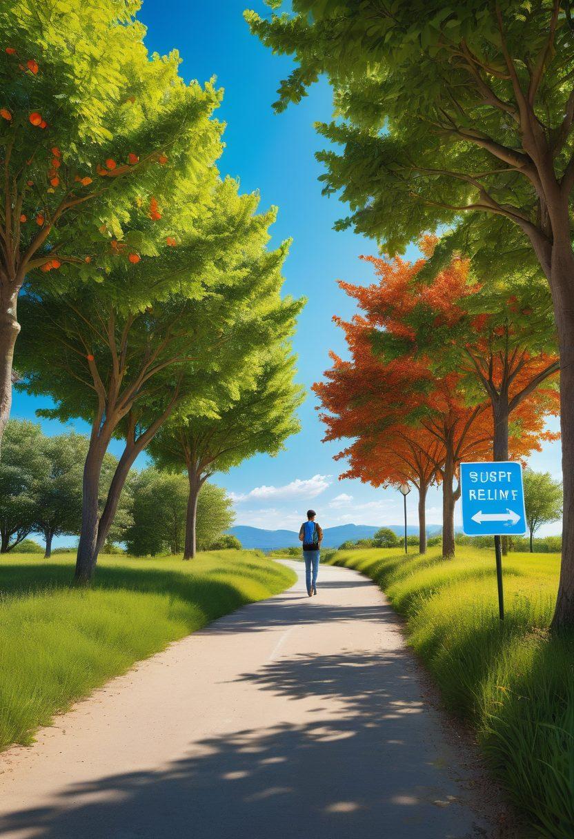 A pathway leading towards a bright horizon symbolizing financial freedom, featuring various colorful signs indicating debt relief options and smart financing solutions along the route. Include diverse individuals joyfully walking on the path with financial documents in hand, representing hope and prosperity. Nature elements such as trees and clear skies to enhance positivity, with an engaging, inviting atmosphere. vibrant colors. super-realistic.